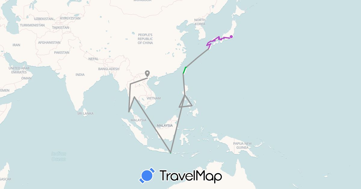 TravelMap itinerary: driving, bus, plane, train in Indonesia, Japan, Philippines, Thailand, Taiwan, Vietnam (Asia)
